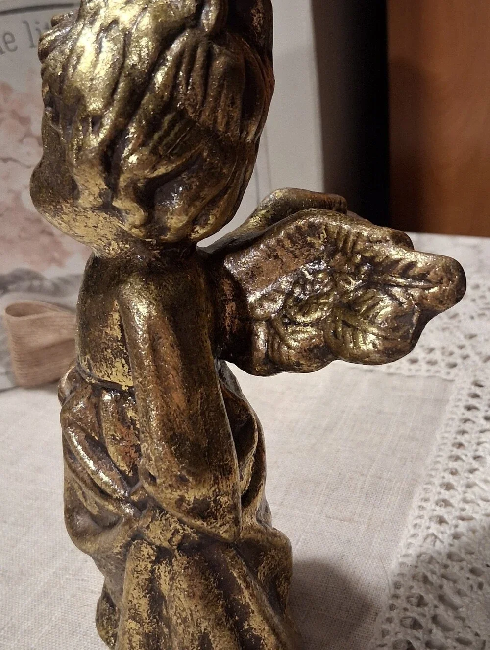 VTG Angel Cherub Figurine Statue Molded Plaster/Resin Gold Gilt Christmas Decor